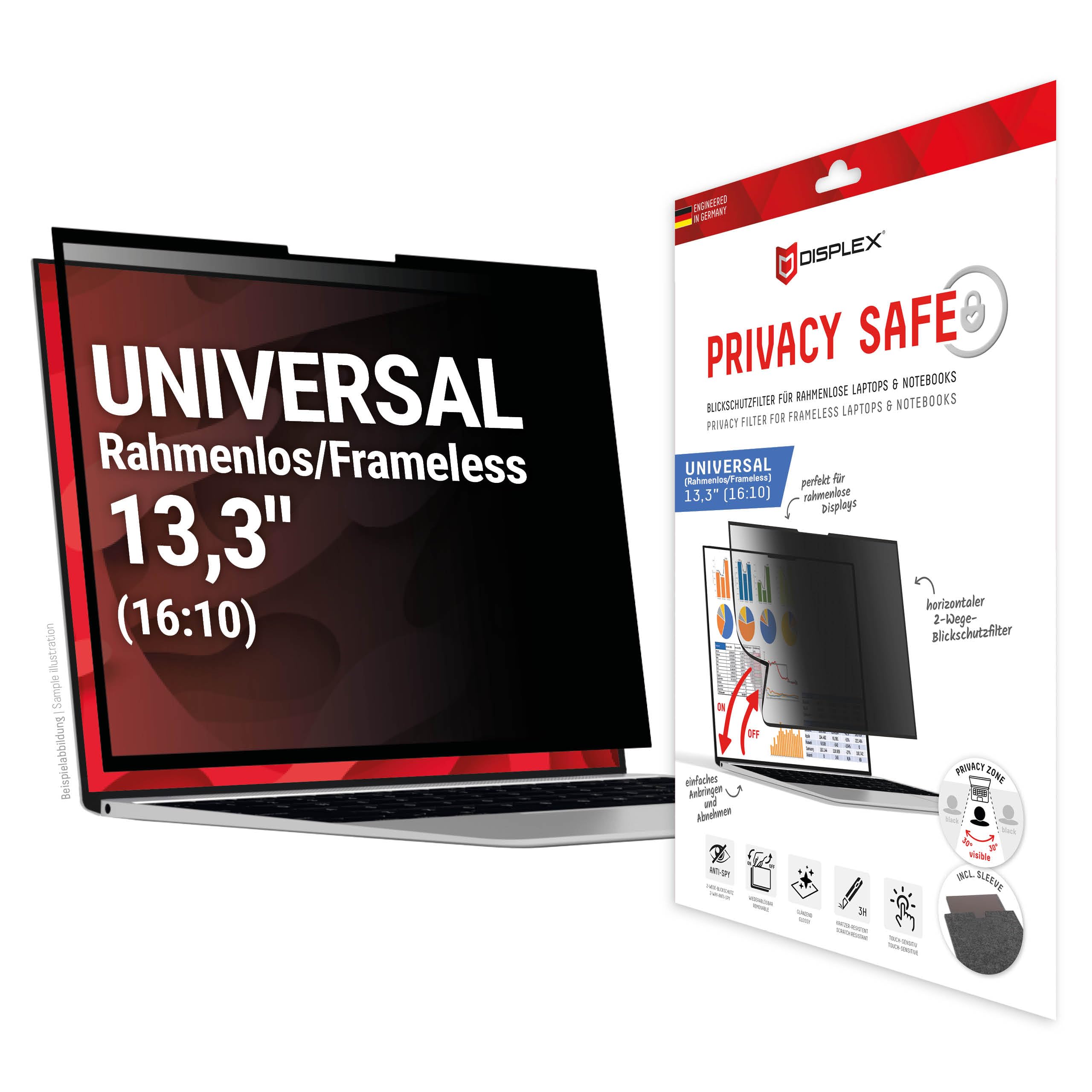 Displex PRIVACY SAFE Filtro Privacy magnetico a 2 vie per computer portatile/notebook, fissaggio magnetico, rimovibile, antiriflesso e lucido (PRIVACY Safe 13,3" 16:10 senza bordi)