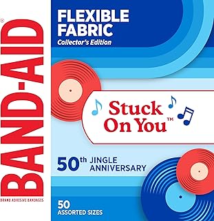BAND-AID Brand Adhesive Bandages Flexible Fabric, Comfortable Sterile Protection & Wound Care for Minor Cuts & Burns, Jingle Anniversary Tin, Assorted Sizes, 50ct