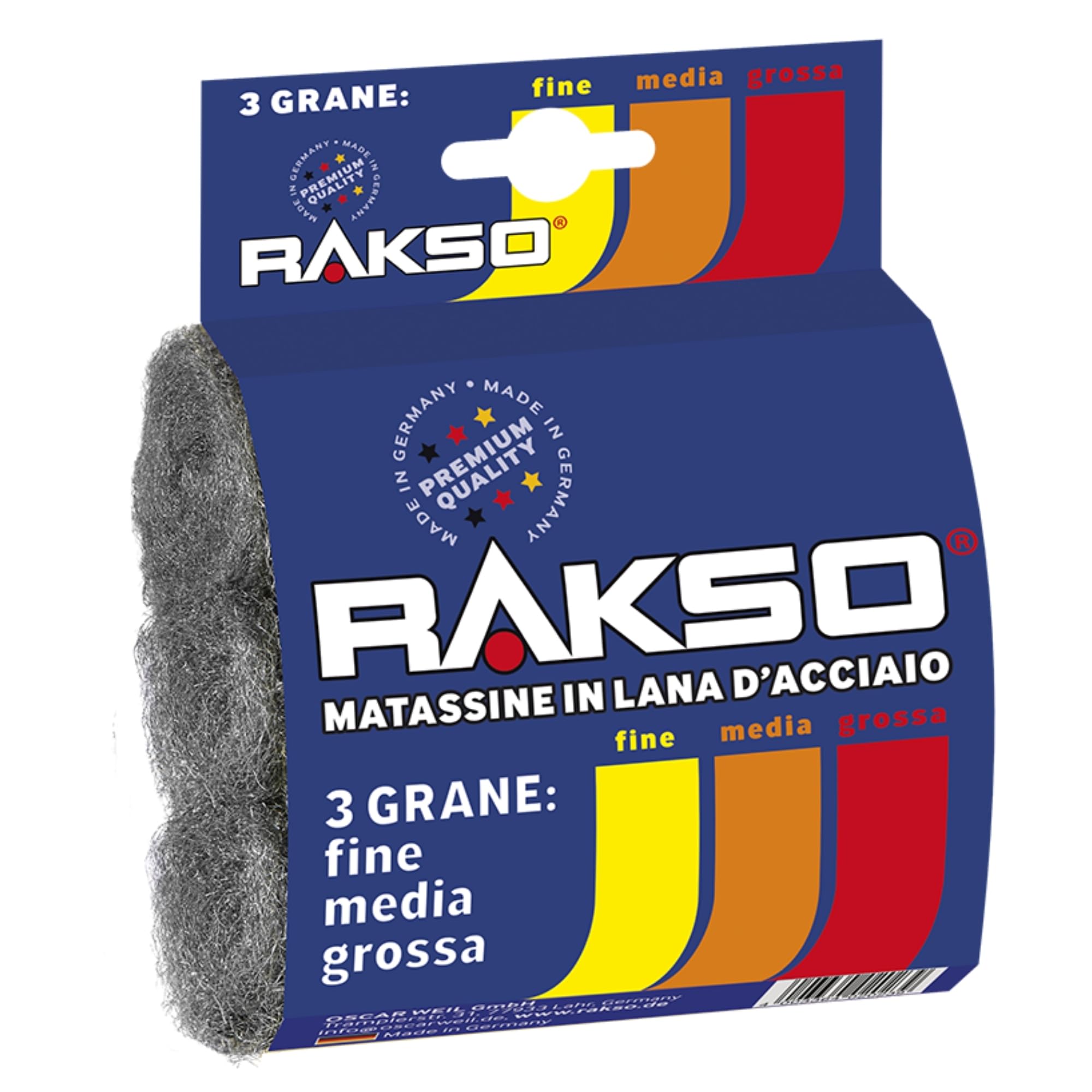 RAKSO Lana d'acciaio, tamponi abrasivi fini medi grossolani 3 pezzi per legno vernice metallo