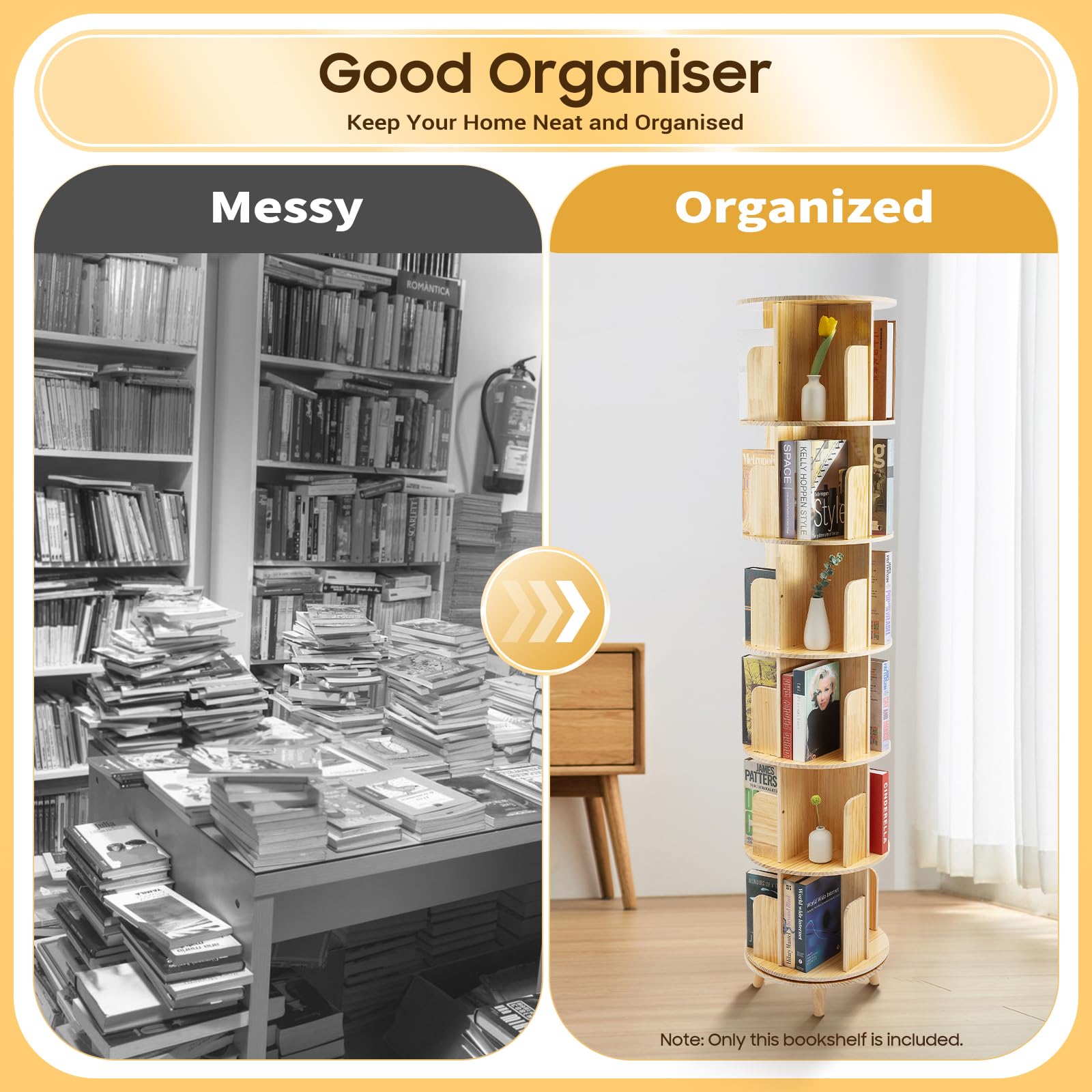 Librería giratoria y estantería de 6 pisos – 360 ° Display Bookshelf | Estantería giratoria | Incluye mantel | Estantería de pie de madera | para libros y objetos de colección