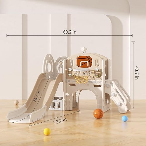 Miniatura 6 de UNICOO Conjunto de juegos para niños, parque infantil con tobogán, túnel, baloncesto, escalador y espacio de almacenamiento (casa de juegos blanca +