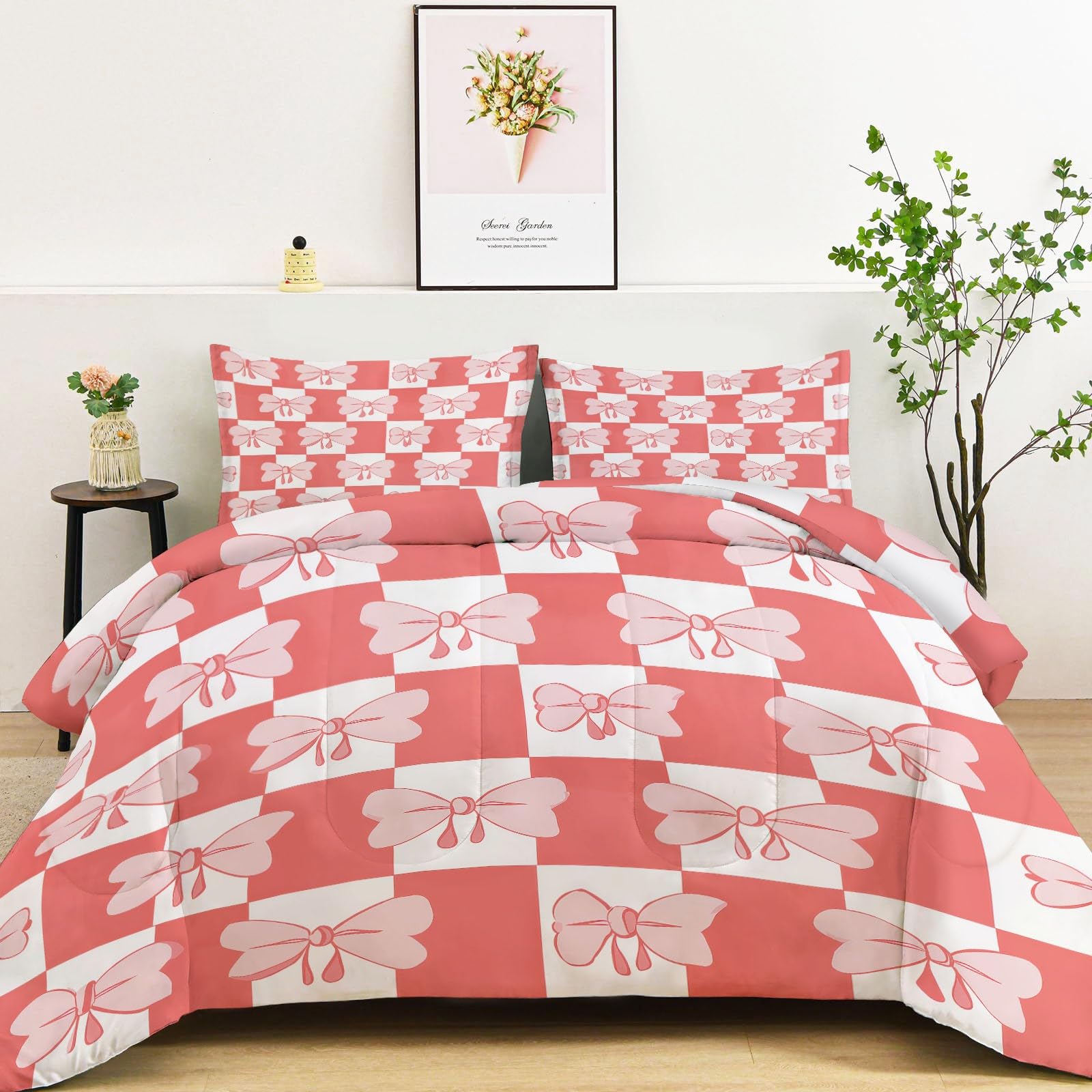 Generico Kołdra 150 x 200 cm Różowa Kokarda W kratę Kołdra 4 Pory Roku Ultra Miękki Dwustronny Nadruk Ultra Miękki Koc Na Łóżko Zimowe, Nadający się do prania, Kołdra dla Dorosłych Dzieci z 2
