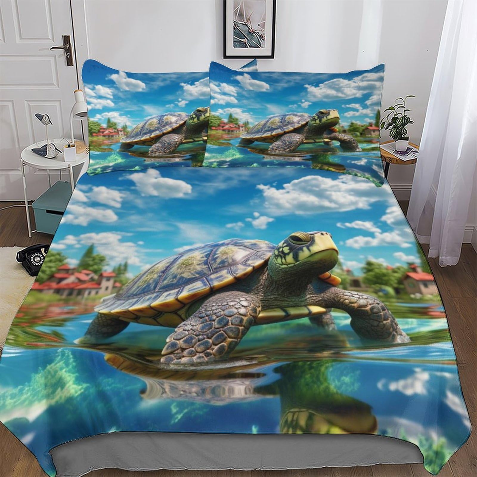 Housse de couette tortue 3 pièces en microfibre premium pour lit enfant King 220x240cm