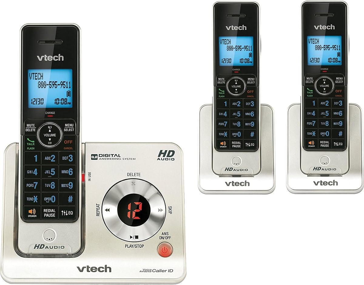 LS6425-3 Teléfono inalámbrico expandible DECT 6.0 con sistema de contestadora e identificador de llamadas/llamada en espera, plateado con 3 auriculares