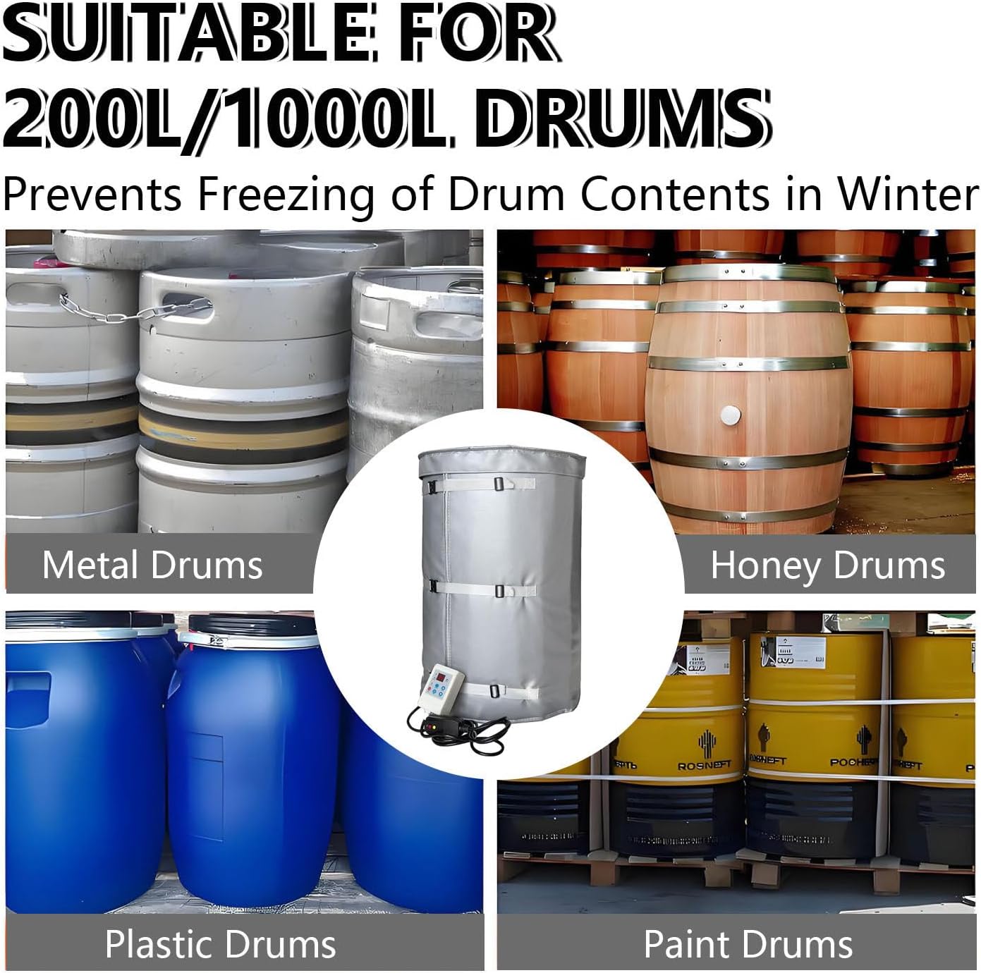 IBC Barrel Heating Pad,Drum Heating Blanket,with Thermostat,Temperature Adjustable,Industrial Heating Blanket,for Oil Drums, Pipes, Water Tanks Black-275gal/1000L120°C