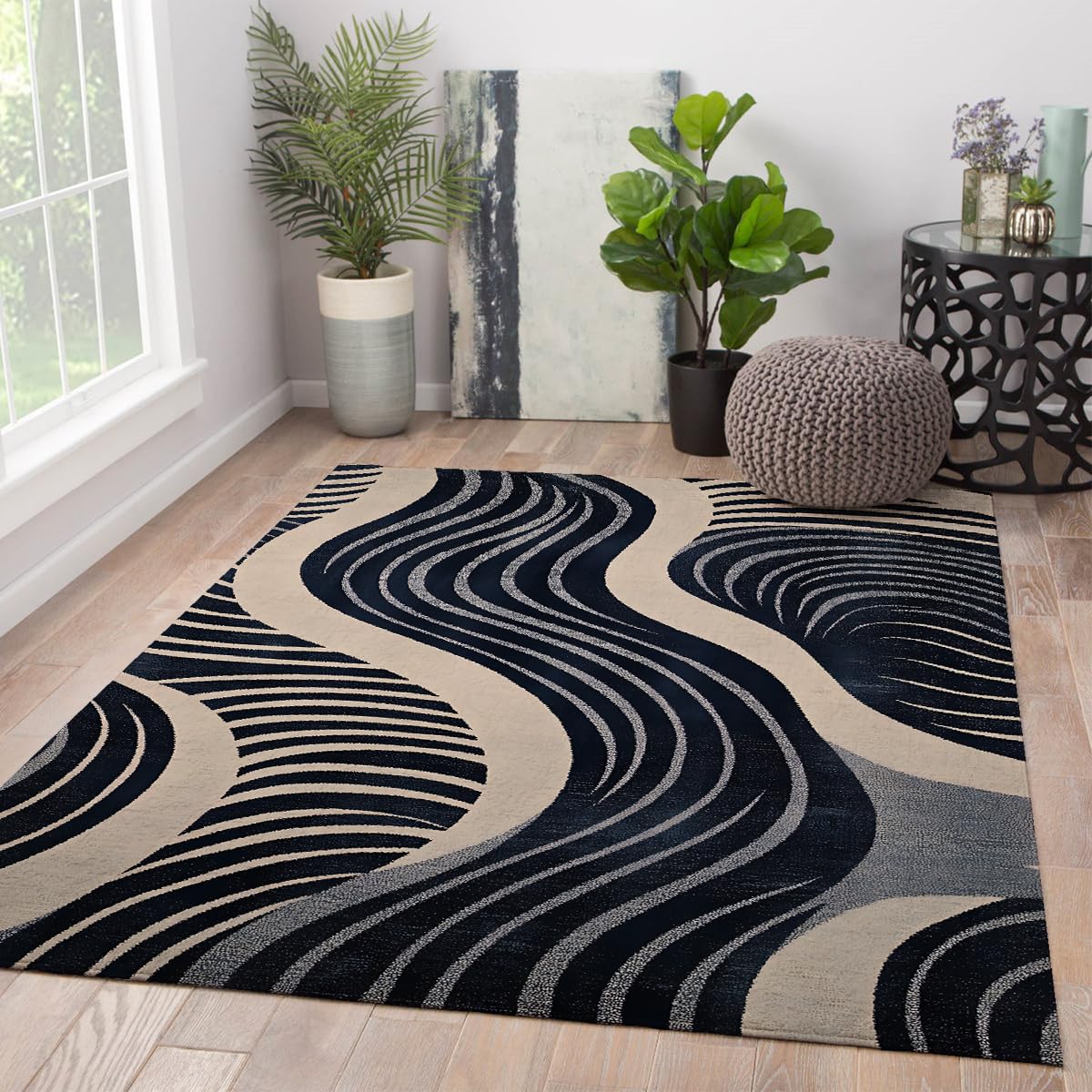 Tapis Ocean Wave 150x210 cm beige et gris abstrait antidérapant pour salon
