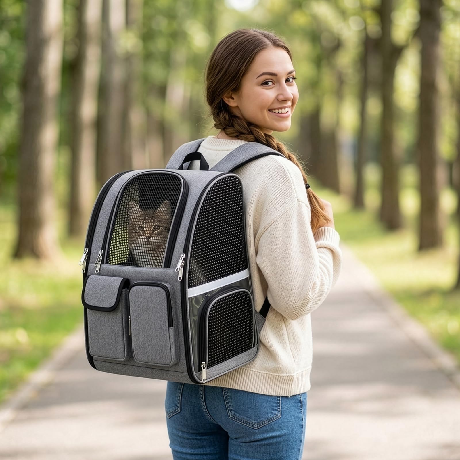 BREEZENEST Ventilated Dog Cat Backpack Carrier for Small Pets Breathable Mesh Hiking Walking Travel Bag with Adjustable Straps, Multiple Compartments Side Pockets Zipper Closure Shoulder Straps (Grey)