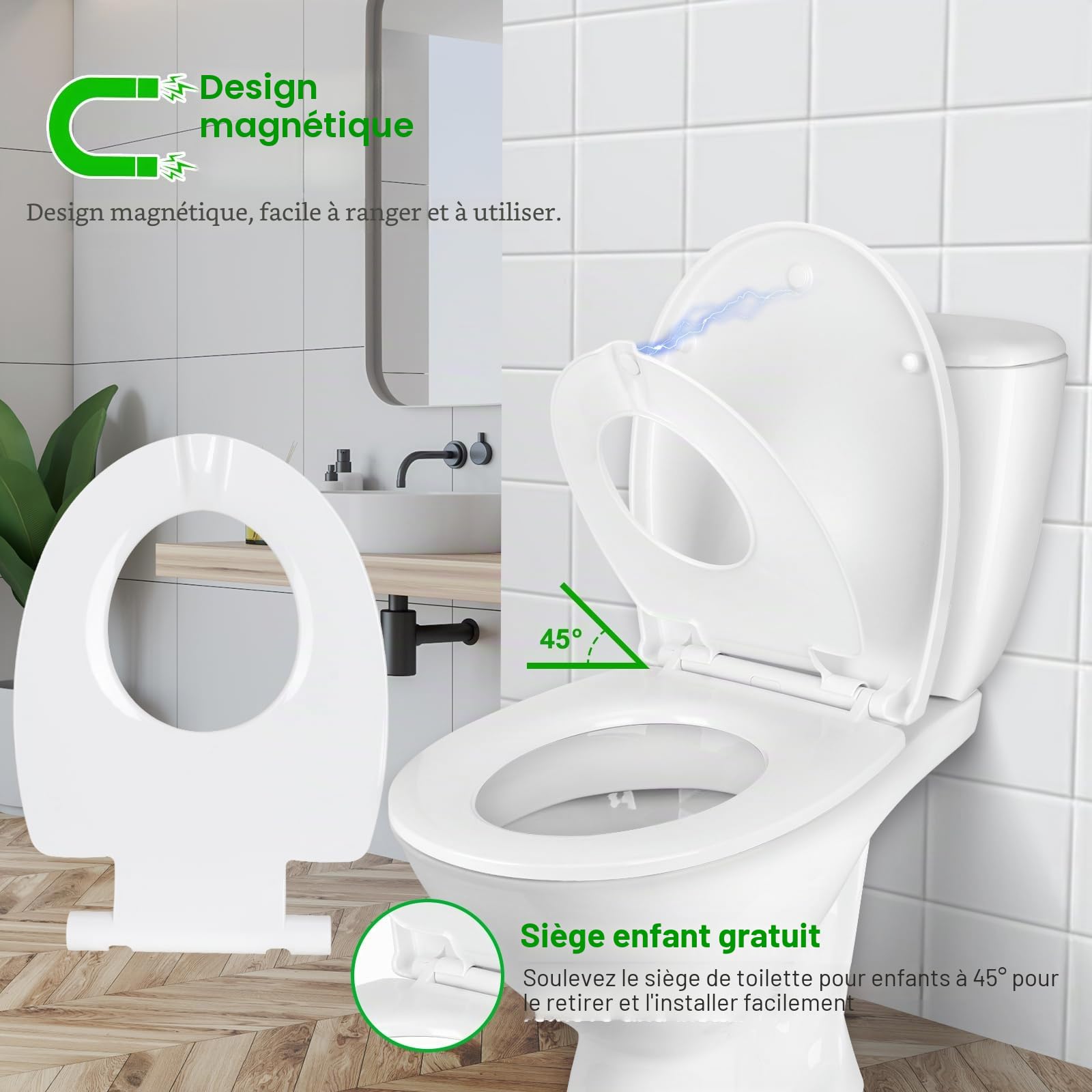 Abattant WC Familial Forme O, Urée Formaldéhyde Cuvette Toilette avec Siège Enfant Magnétique, Lunette WC avec Fermeture Douce et Libération Rapide, Siège de Toilette pour Enfant et Adulte