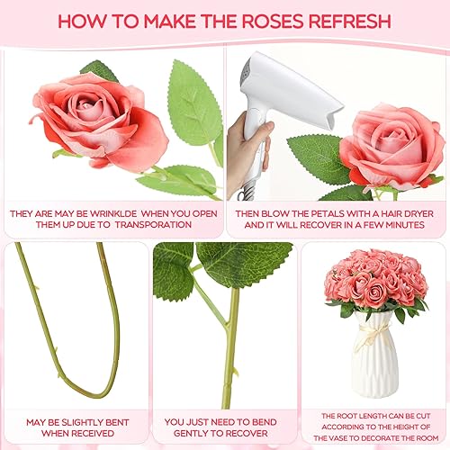 Miniatura 3 de 50 rosas artificiales de seda realistas con tallo ramo de flores de plástico, rosas falsas de aspecto real para el hogar, centros de mesa de boda,