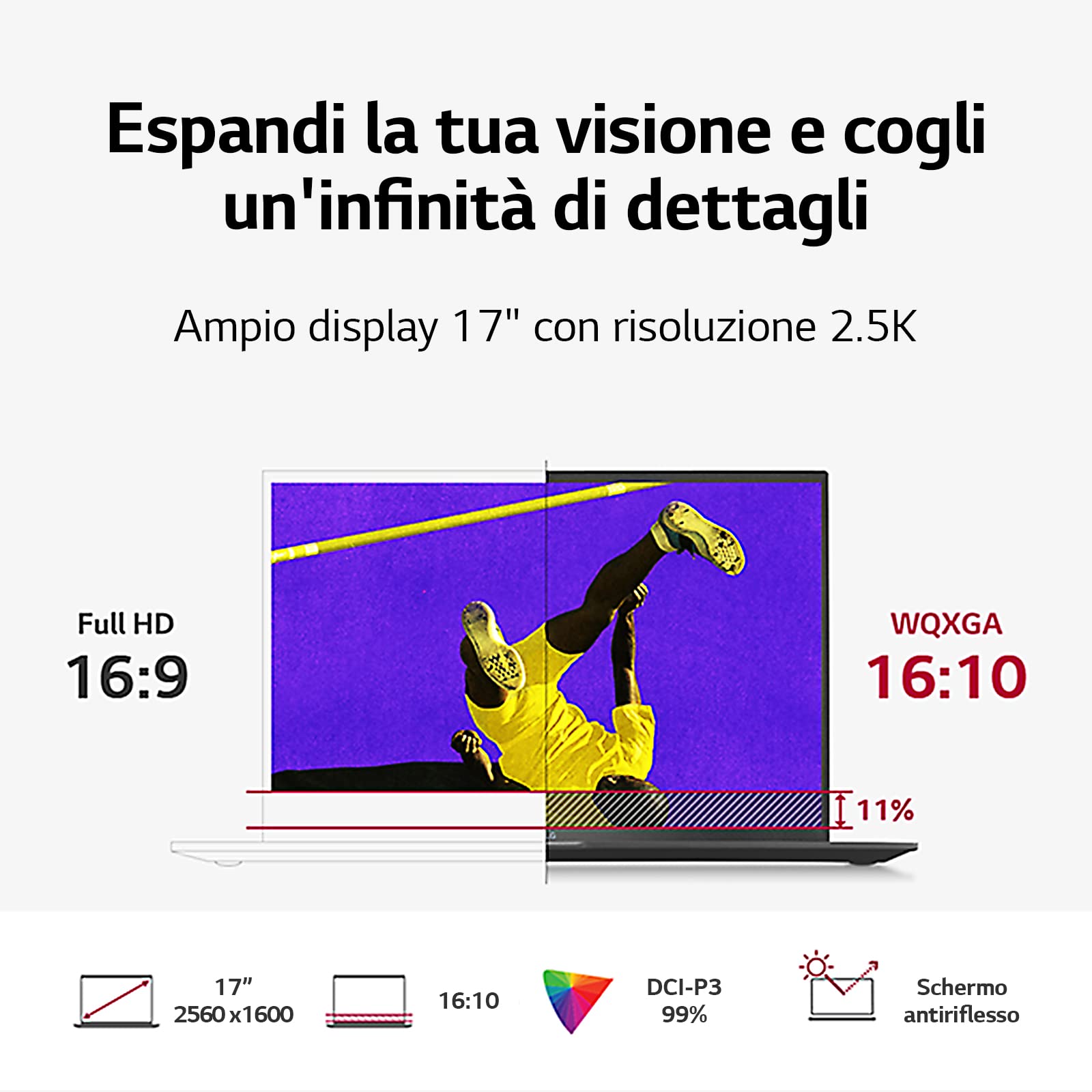 LG Gram 17Z90R, Display Anti-Glare IPS 17" QHD 16:10, 2560x1600, Intel EVO i7-1360P, RAM 16GB DDR5, SSD 1TB, Intel Iris Xe, Batteria 80Wh, Thunderbolt4, Win11 Home, Tastiera Italiana, 1350g, Grigio