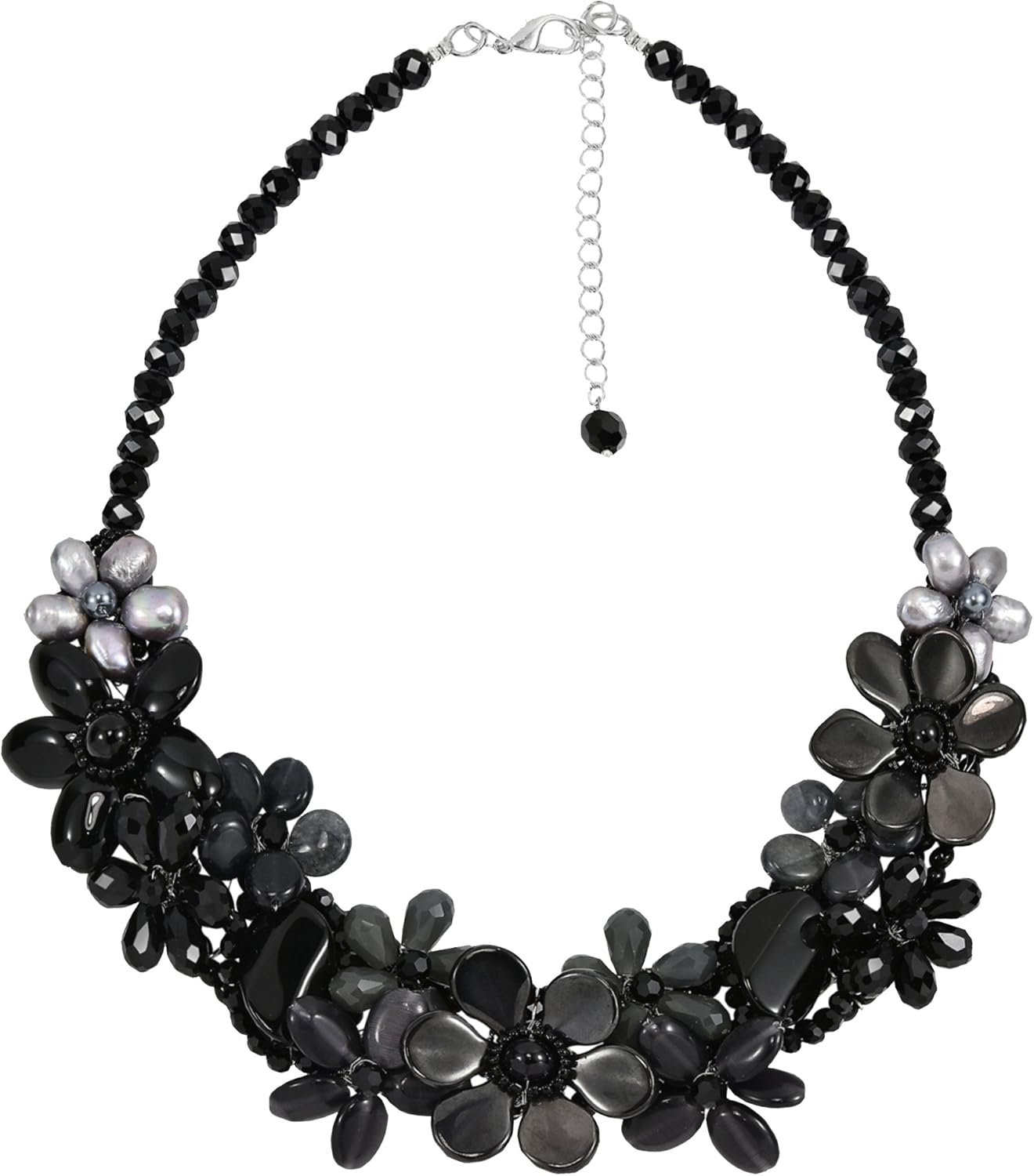 AeraVida Midnight Garden Mixed Black Stones Floral Statement Necklace
