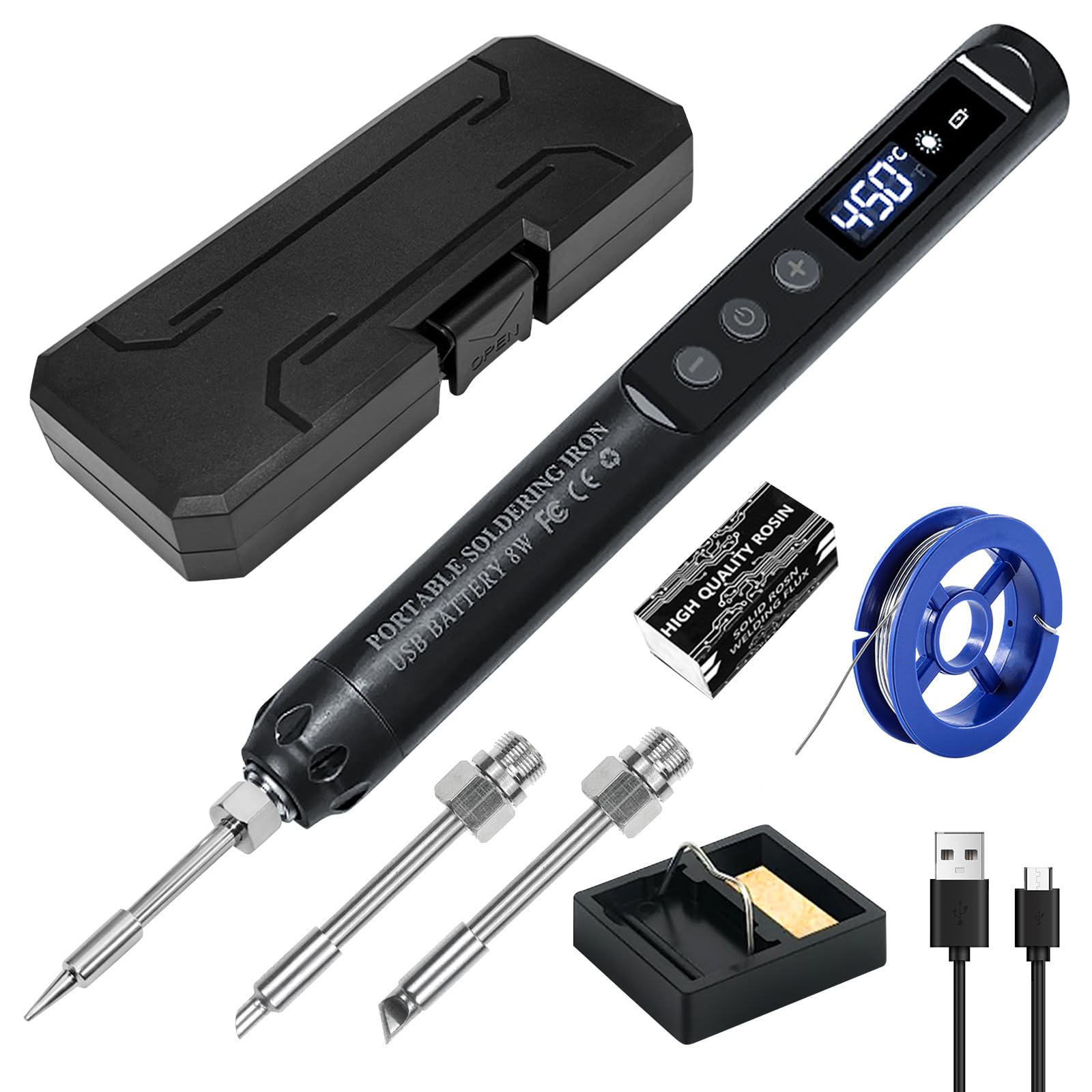 Kit de soldador con batería, USB recargable con pantalla LCD, 3 puntas de soldadura, temperatura ajustable de 200 – 450 °C, seguro profesional inalámbrico soldador