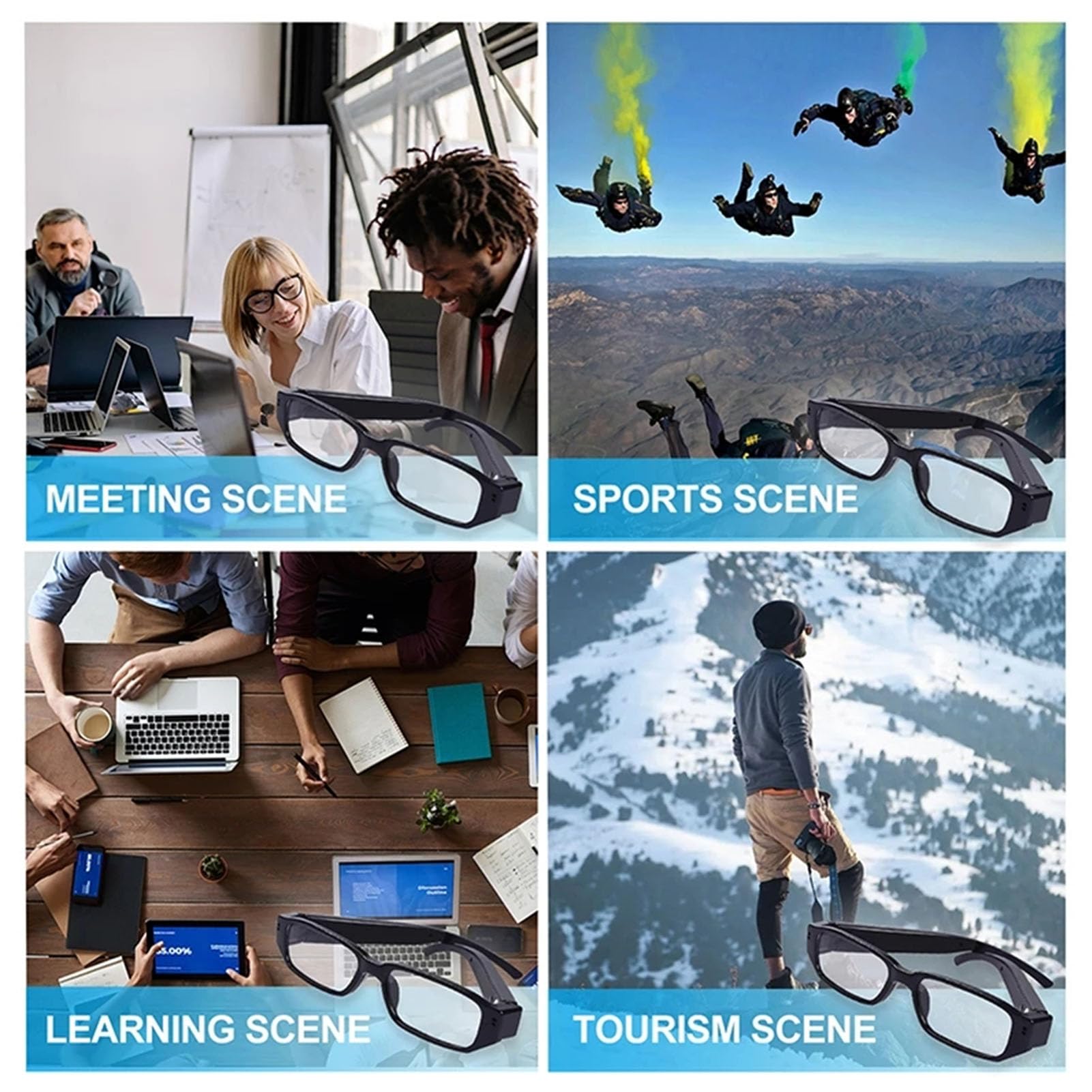 Occhiali Con Videocamera, Registrazione Video HD 1080P, Anti-Vibrazioni Intelligente, Obiettivo Grandangolare, Occhiali Indossabili Per Viaggi, Ciclismo, Guida, Sport