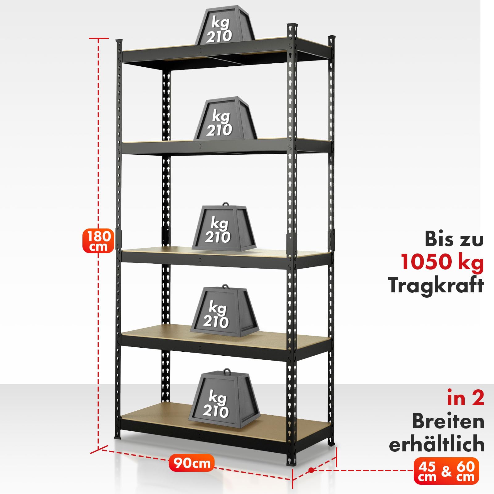 KARAT Schwerlastregal, Kellerregal, Lagerregal mit Stahlgestell 1050 kg Traglast (Schwarz, 180 x 90 x 60 cm) Rhino