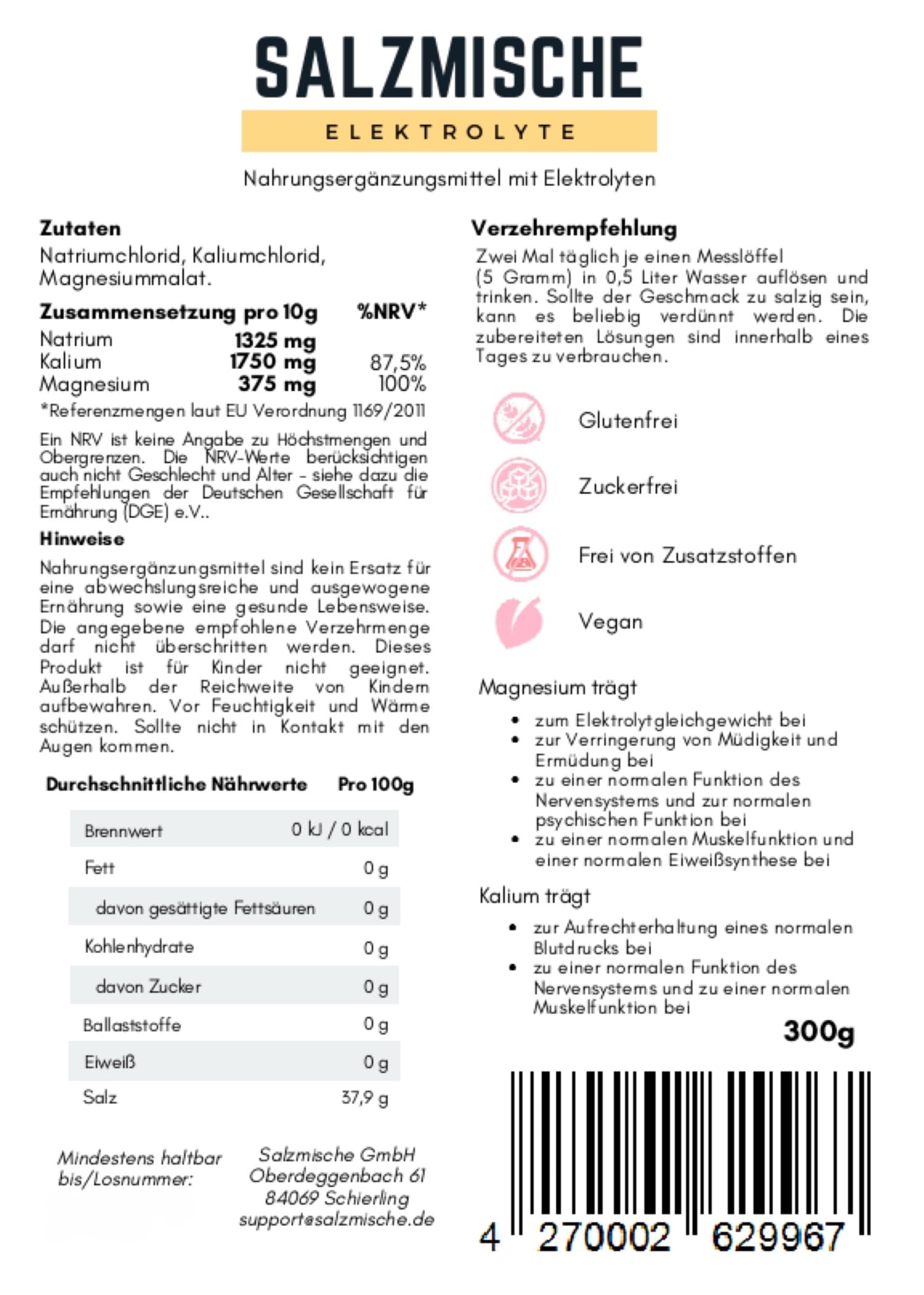 Elektrolyte ohne Zucker Kalium Plus für Iso Getränk zur Unterstützung der Zellhydrierung in der Schwangerschaft und Stillzeit I Salzmischung Elektrolyte geschmacksneutral und ohne Zucker 300g