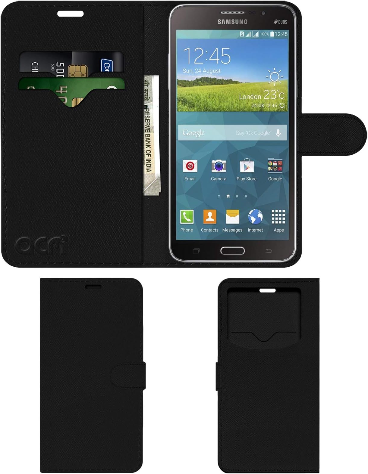 ACM Leather Window Flip Wallet Front & Back Case Compatible with Samsung Galaxy Mega 2 Mobile Cover Black