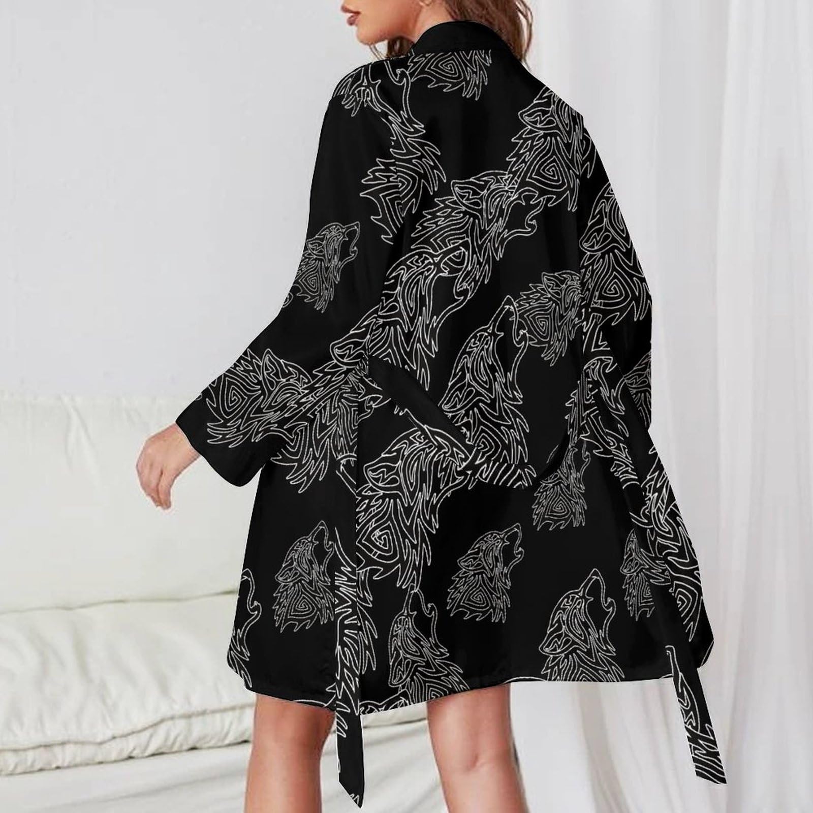 Tribal Wolf Howl Women's Short Robes Long Sleeve Belted Bathrobe Nightgown V Neck Sleepwear