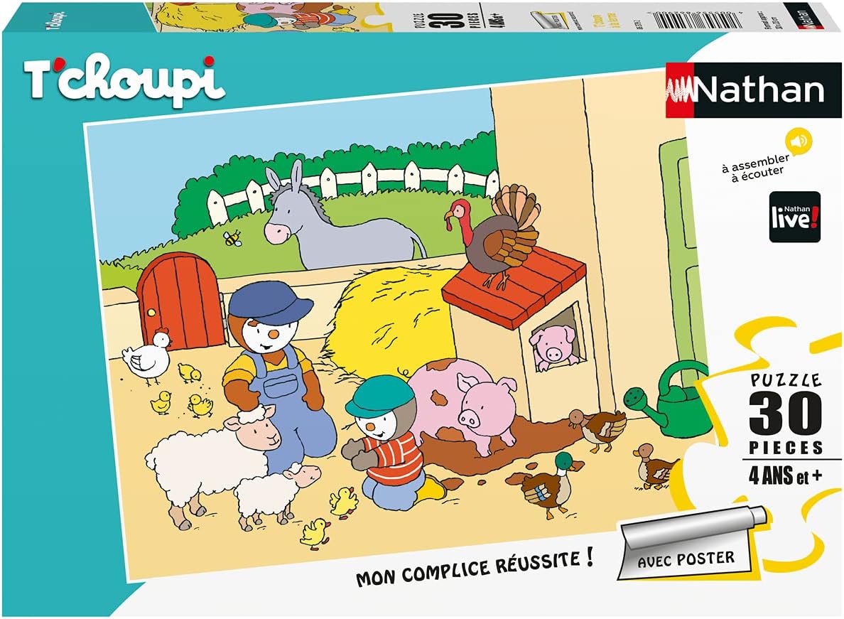 Nathan - Children's jigsaw puzzle - 30 pieces - T'choupi on the farm - Girl or boy from 4 years old - High-quality puzzle - Thick and durable cardboard - Daily & Animals - 86379