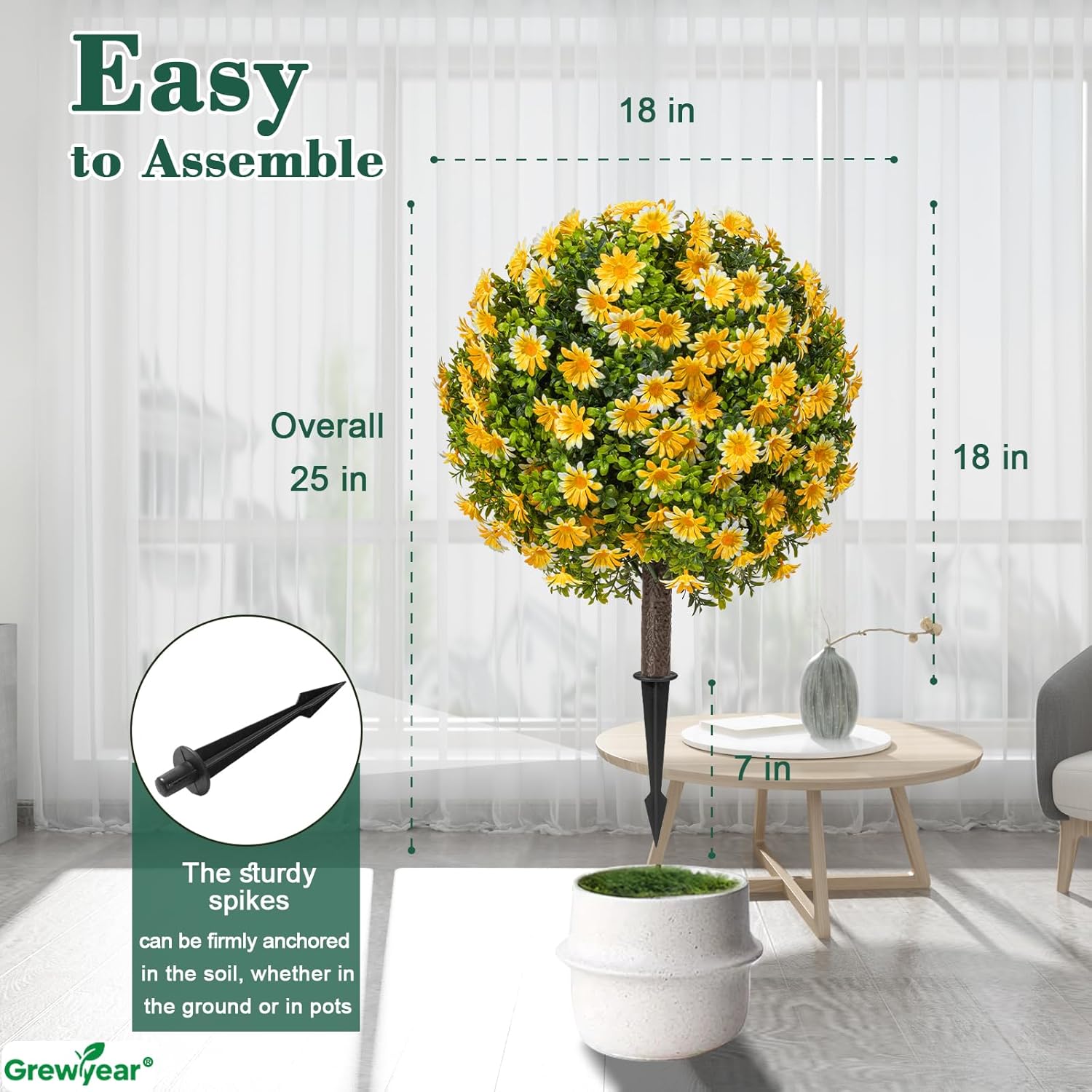 Fall Artificial Topiary Ball with Spike Set of 2, Faux Boxwoods for Outdoor Planters, UV Resistant Artificial Outdoor Plants for Porch, Fake Bushes Round Shrub with Orange Yellow Flower - Image 7