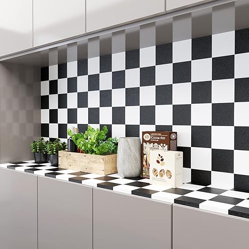 Miniatura 7 de YENHOME Papel tapiz cuadrado grande en blanco y negro para pared de baño, impermeable, autoadhesivo, papel de contacto a cuadros, para armarios y