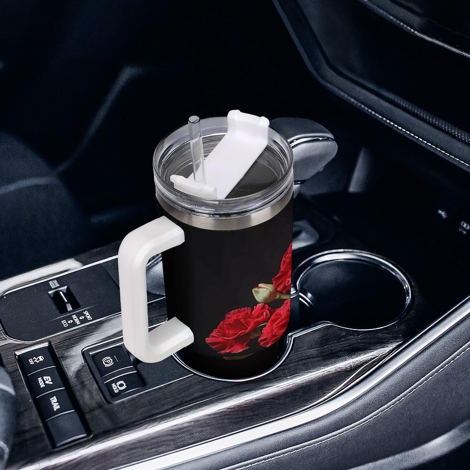 Romantische Nelkenbecher mit Strohhalm und Griff, doppelwandige Vakuumisolierung, Wasserflaschen für Eiskaffee, Tee, heiße und kalte Getränke