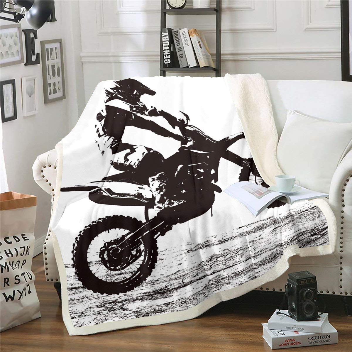 Erosebridal Teens Dirt Bike Sherpa Blanket, Motocross Rider Throw Blanket for Kids Boys Girls Motorbike Sport Plush Bed Blanket Twin Size Motorcycle Extreme Sport Fuzzy Blanket Nursery Bed Blankets