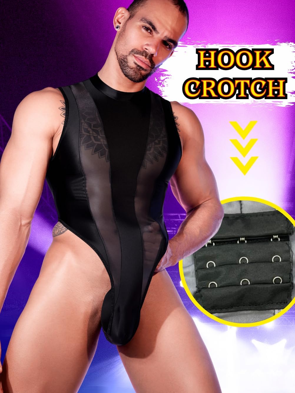 Mens Sexy Lingerie, Hook Crotch Thong High Cut Bodysuit Top Rave Outfit, Glossy Mock Neck Sheer Singlet Muscle Suit - Image 4