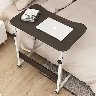 Overbed Table with Wheels, Height-Adjustable Over Bed Table Movable Side Table Hospital Nursing Table for Reading, Eating Breakfast,Brown