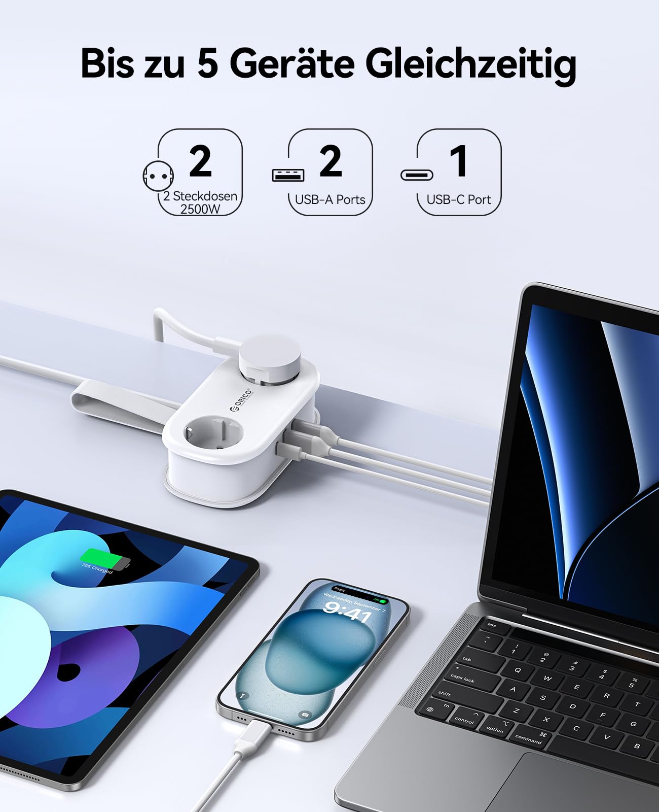 ORICO Steckdosenleiste mit USB C PD 20W, 2 Fächern Reise-Mehrfachsteckdose und 3 USB (1 USB C) Ladeanschlüssen Kompatibel mit Telefon, mit 1,5m Kabel für das Home Office auf dem Schiff (AP3-Weiß)