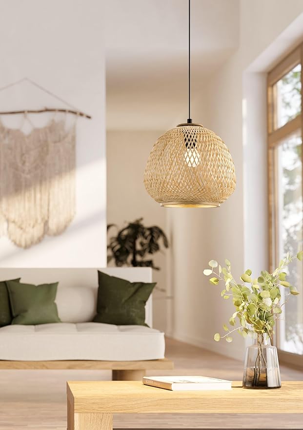 Eglo EGLO Hanglamp Dembleby, 1 vlam hanglamp vintage, natuur, hygge, hanglamp houten mand gevlochten, eettafellamp, woonkamerlamp hangend in lichtbruin, staal, E27 fitting photo 2