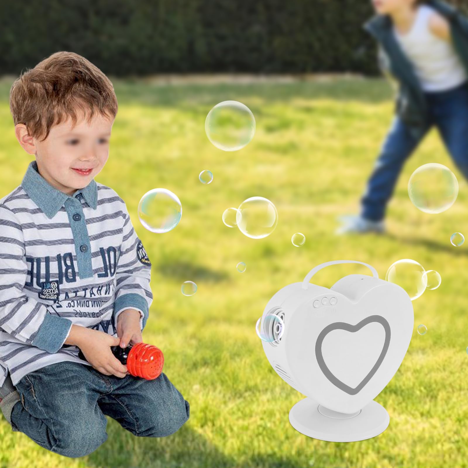 Máquina de pompas de jabón en forma de corazón, soplador automático, máquina de burbujas de jabón recargable, máquina de burbujas con rotación de 360° para niños al aire libre, juegos familiares