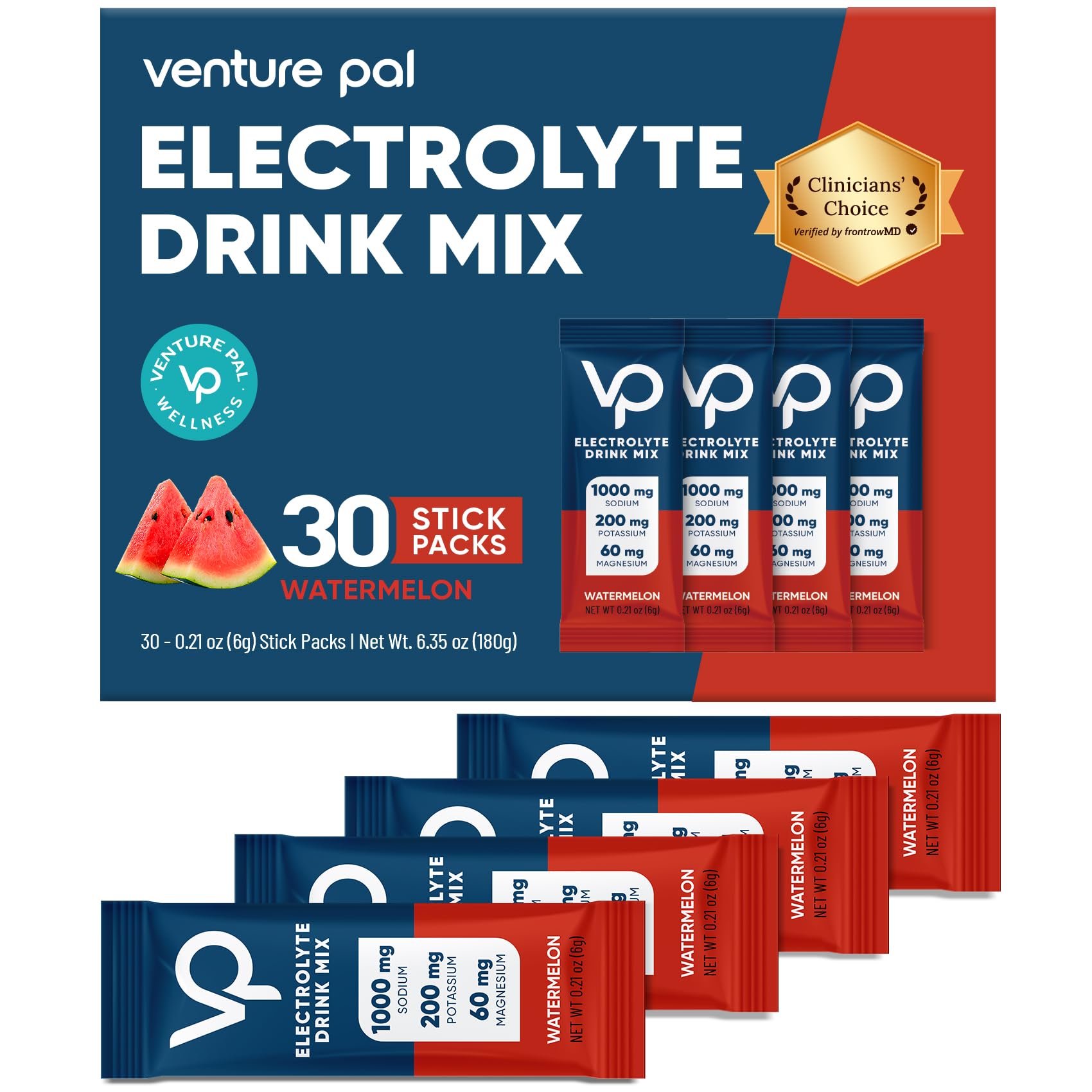 Venture Pal High Sodium Sugar Free Electrolytes Powder Packet - Hydration Packets with Vitamin, Sodium & Potassium | Zero Calories | Vegan, Keto & Paleo Friendly Electrolyte Drink Mix - 30 Sticks