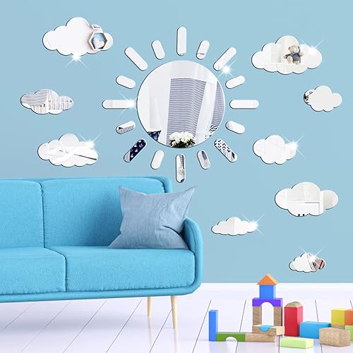 Miniatura 7 de Calcomanías de espejo de sol y nube calcomanías de espejo acrílico 3D autoadhesivas decorativas plateadas extraíbles para niños dormitorio baño sala