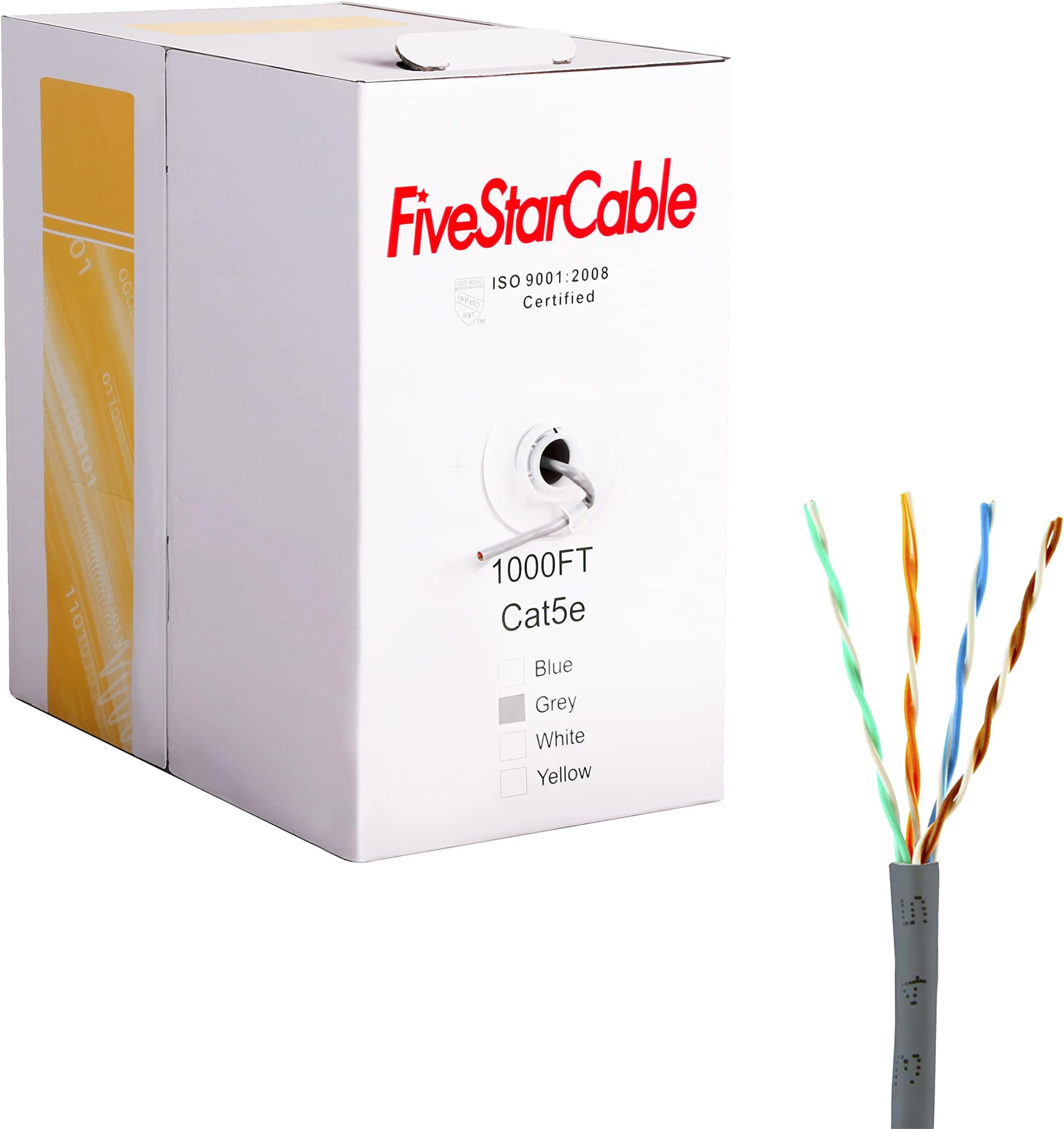 Five Star Cable Cat5 1000 Ft Ethernet Cable Wire UTP 24AWG CCA Twisted Pair Networking Bulk Cable Grey