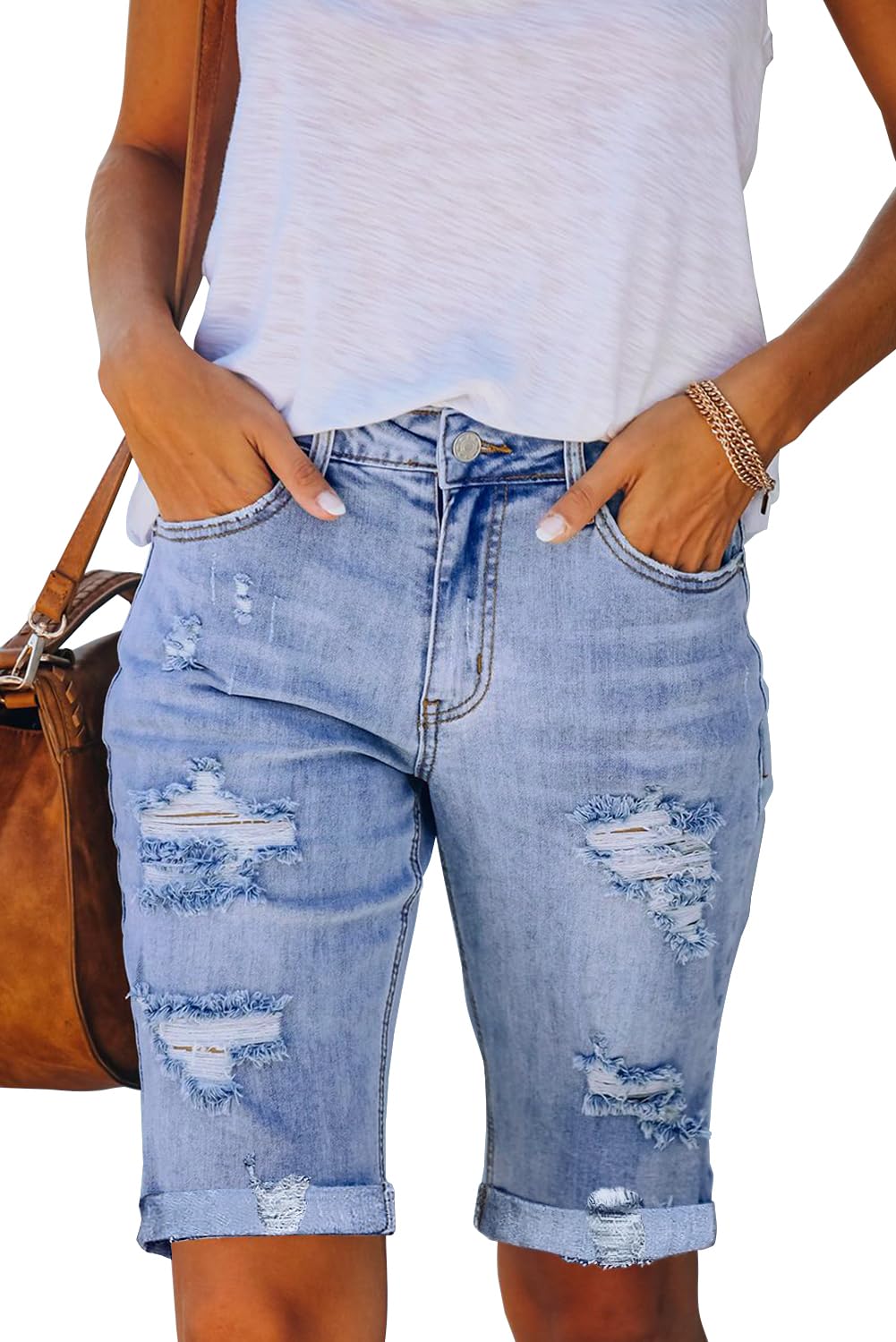 Necooer Damen Sommer Casual Denim Shorts Doppelknopf Zerrissene Jeans Aufgerollt Stretchy Hot Short(S,09-Blau)