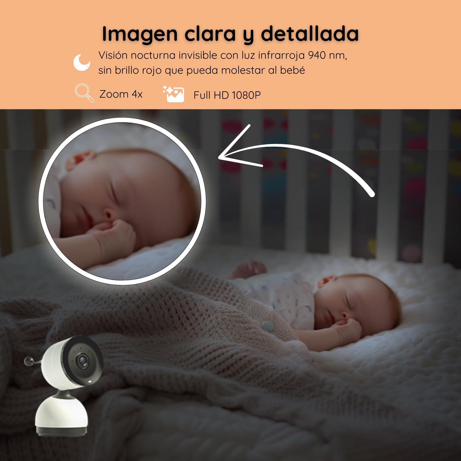 Cámara de vigilancia para bebé PTZ, Full HD 1080P, monitor IPS de 5", audio bidireccional, detección de llanto y movimiento, visión nocturna, VOX, modo Wi-Fi apagado, Wi-Fi remoto, largo alcance 500 m