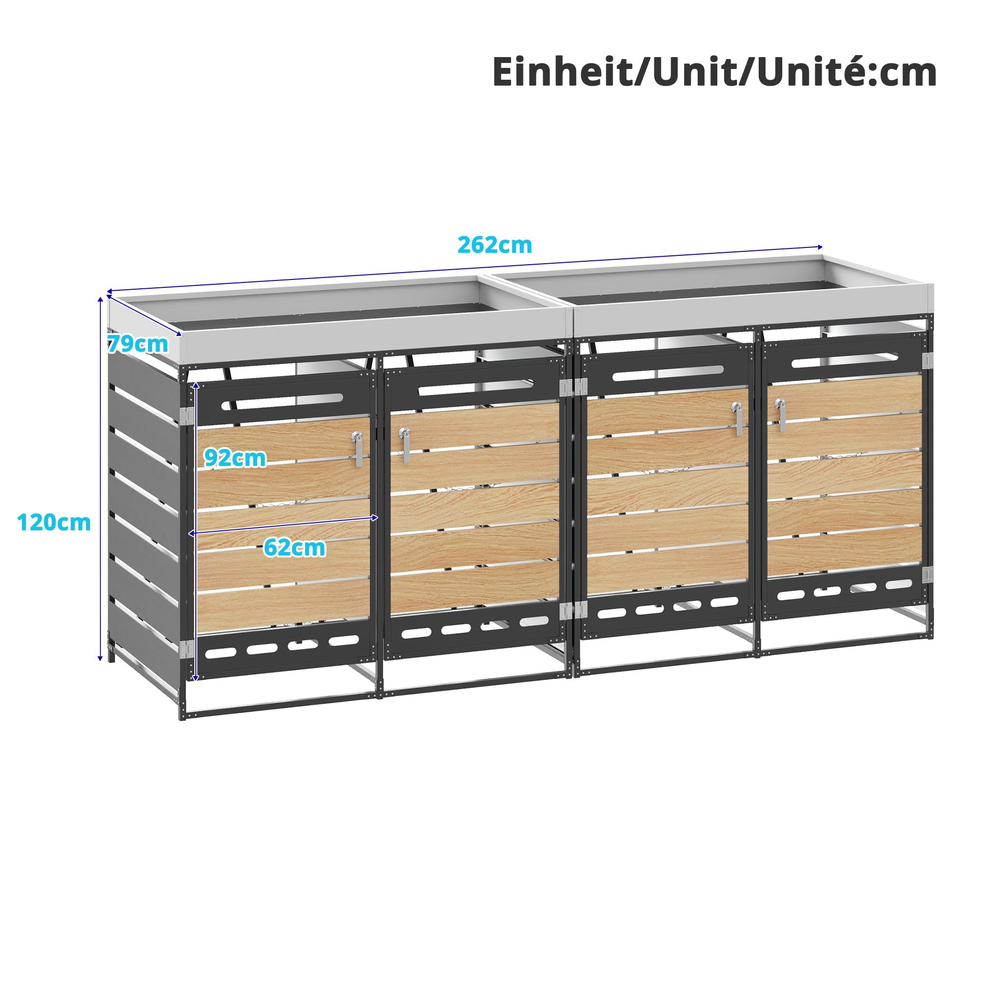 Contenedor de basura con jardinera, armario de almacenamiento de jardín de hierro con 4 compartimentos de almacenamiento, aspecto de madera horizontal, ventilación, cerradura