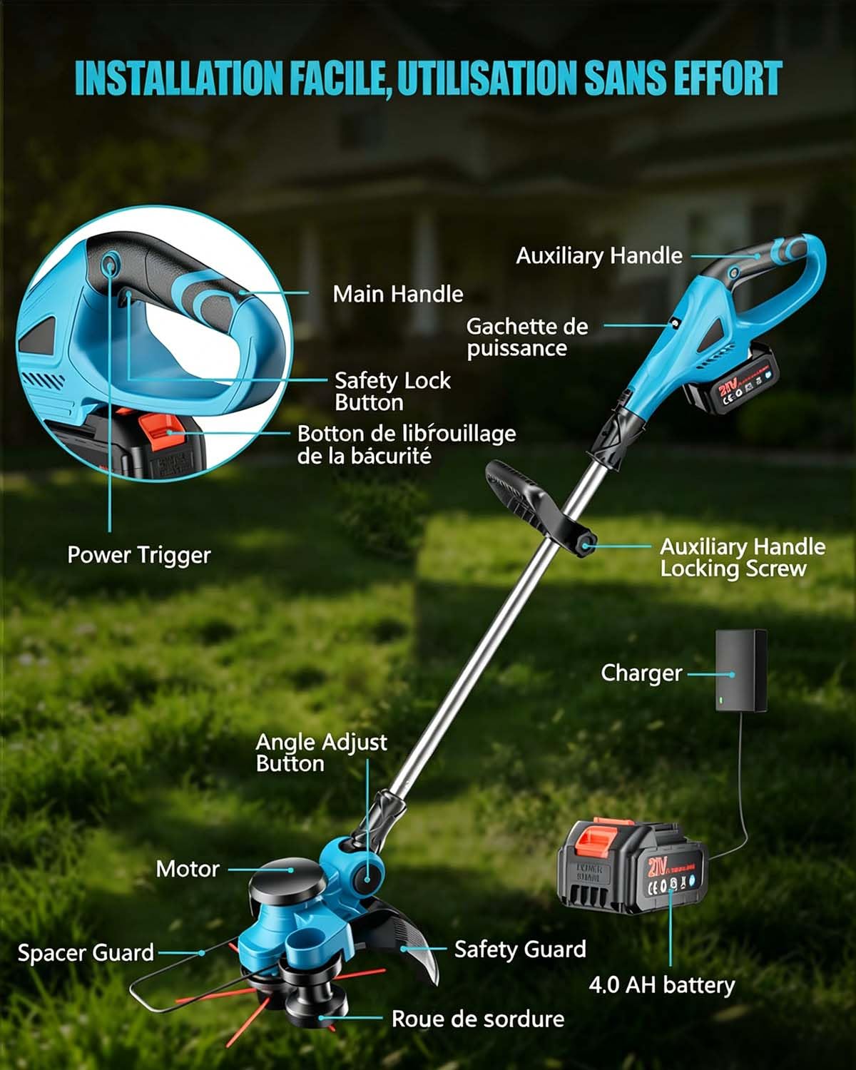 Debroussailleuse Electrique sans Fil 1000W avec écran LCD, Coupe Bordure sans Fil avec 2 Batterie 4,0 Ah et 4 Lames, Debrouissalleuses Batterie avec Roues Latérales pour Tondre Le Jardin (Bleu)
