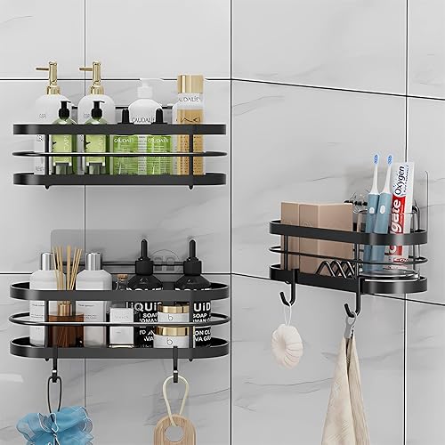 Miniatura 8 de LGQXGO Estante organizador de regadera, paquete de 3 estantes de baño adhesivos negros, estante de ducha con 12 ganchos, sin taladrar, organización