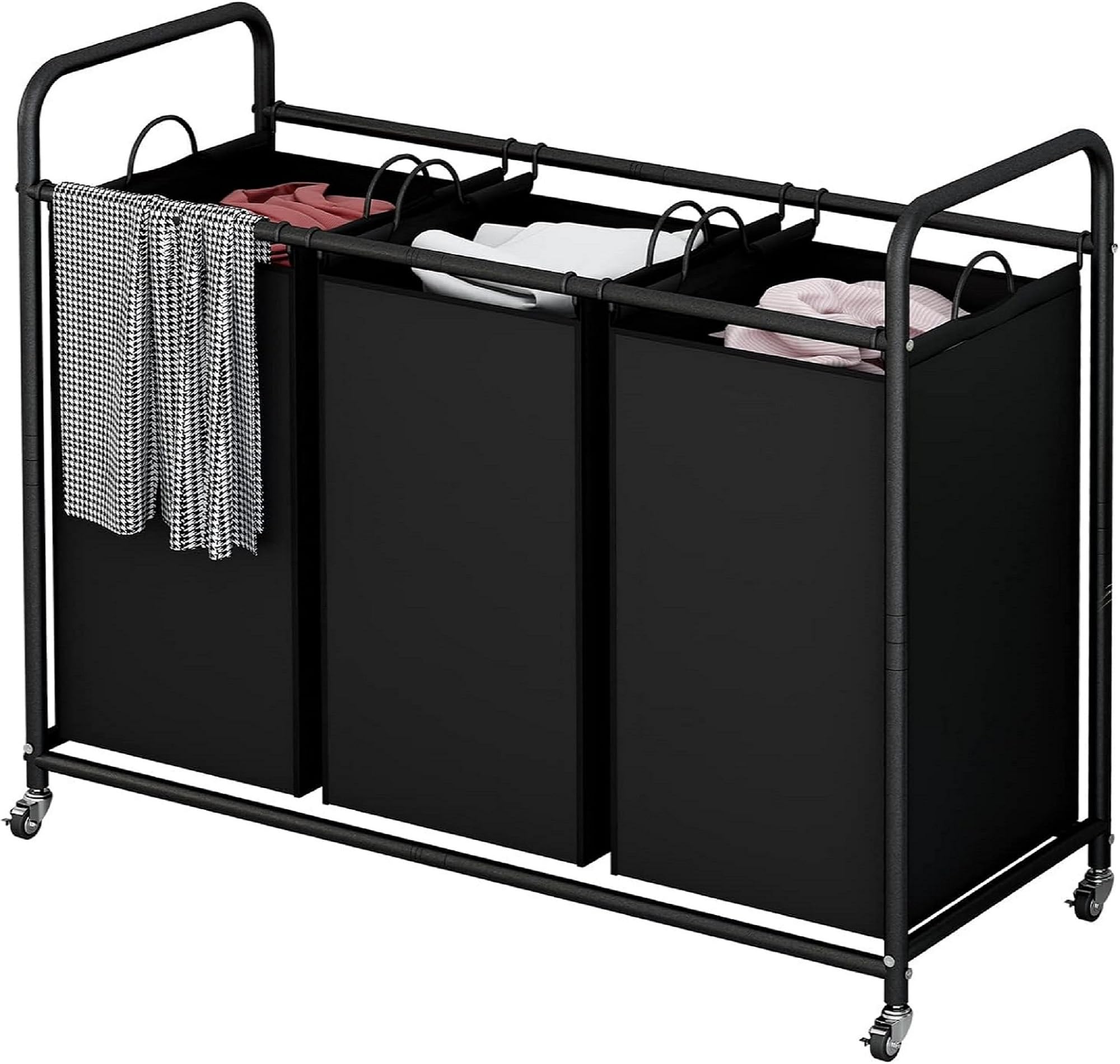 Dazioter 3-Bag Laundry Hamper, Rolling Laundry Basket, Black Laundry Sorter