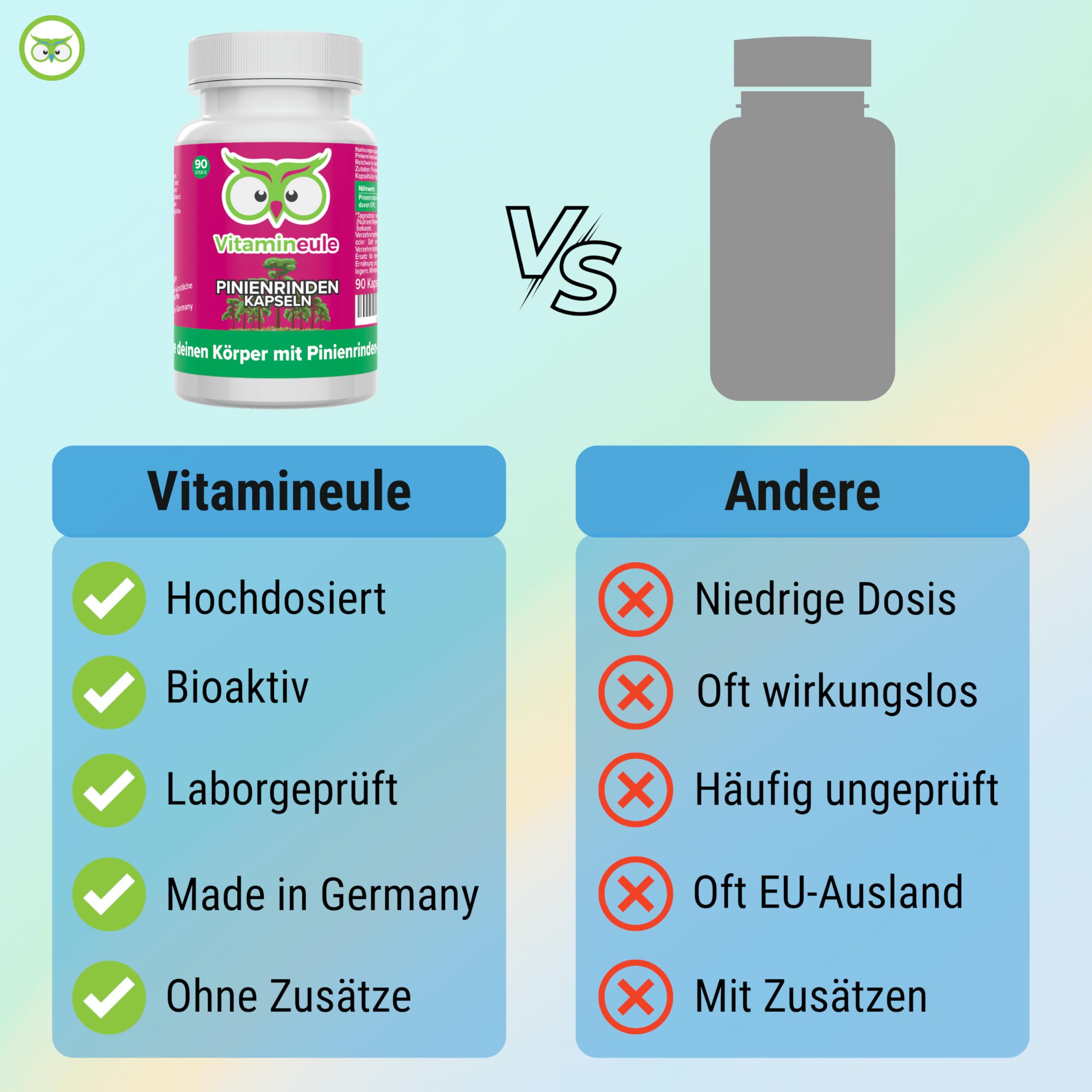 Pinienrindenextrakt Kapseln - hochdosiert 500 mg OPC (95%) - 527 mg 25:1 Extrakt (entspricht 13.175 mg Pinienrinden-Pulver) - bioaktiv & vegan - Produktion in Deutschland - ohne Zusätze - Vitamineule®