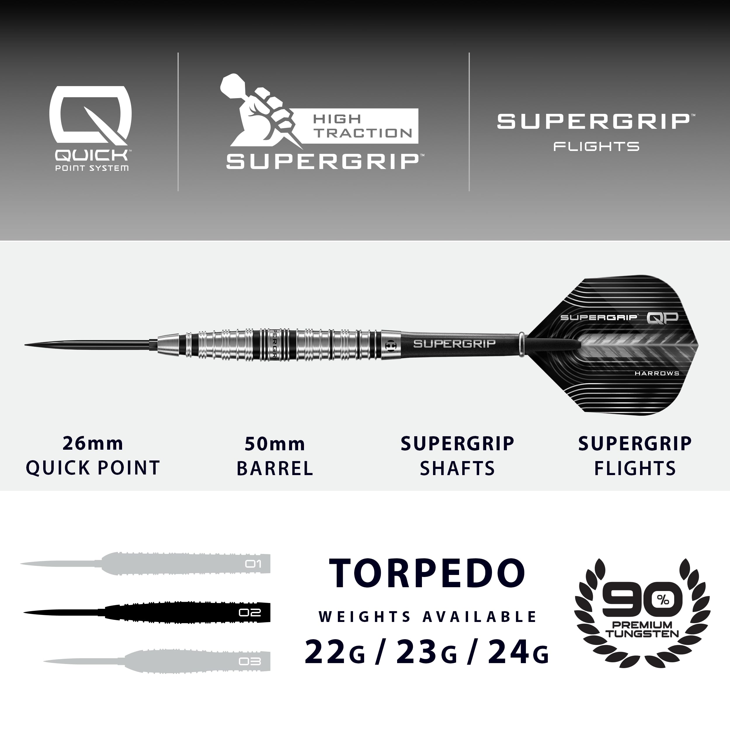 Harrows SuperGrip QP Torpedo 90% rzutki wolframowe, zestaw rzutek ze stalową końcówką z systemem szybkiej wymiany punktów, 22 g, 23 g i 24 g, zawiera trzonki Supergrip i loty 100 mikronów, 24 g