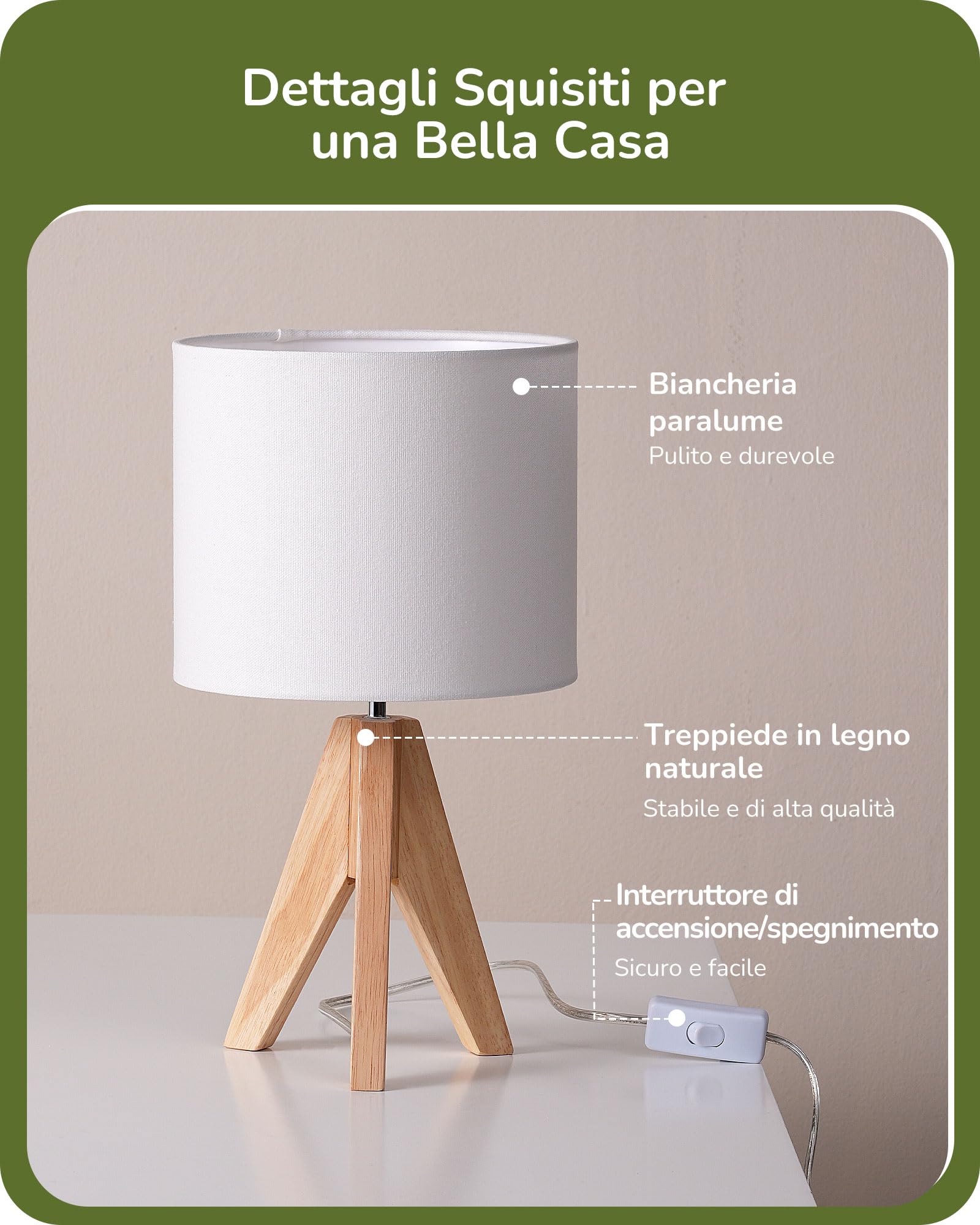 EDISHINE Set 2 Lampade da Tavolo in Legno, Paralume in Lino, Bianco | Treppiede in Legno, Attacco E27, Lampadina LED Inclusa, Bianco Caldo 2700 K, per Camera da Letto e Soggiorno