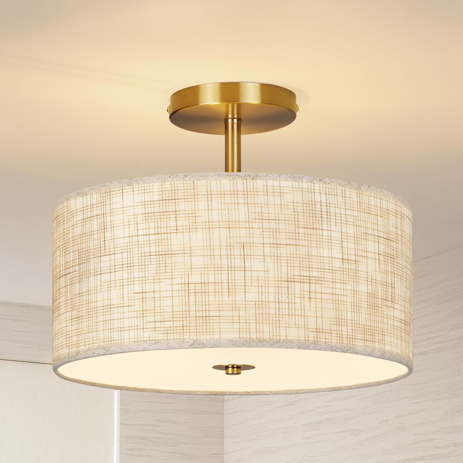 13" Semi Flush Mount Ceiling Light Fixture, Modern Drum Ceiling Light with Textured Linen Fabric Shade and Gold Base, 3-Light Farmhouse Lighting for Bedroom, Kitchen, Entryway, Living Room