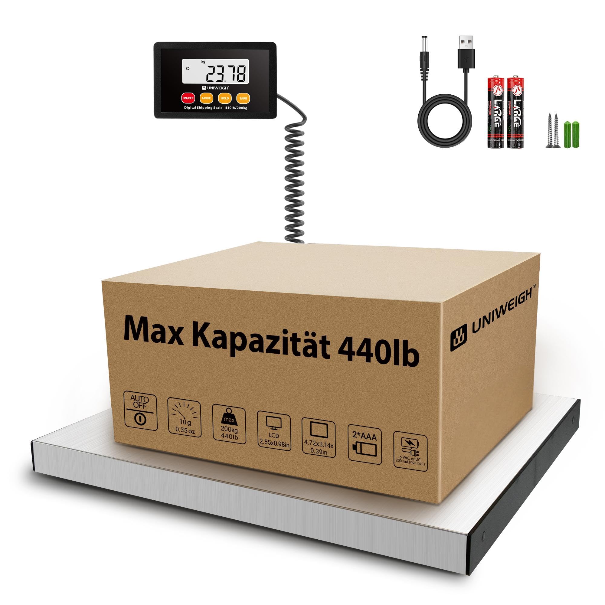 UNIWEIGH Paketwaage,440lb x 10g Hochpräzise Digitale Postwaage,Edelstahl Plattformwaage,Schwerlastwaage mit LCD/Hold/Tara/Funktion,Paketversandwaage für Pakete/Lager/Gepäck,Inklusive Batterie&USB