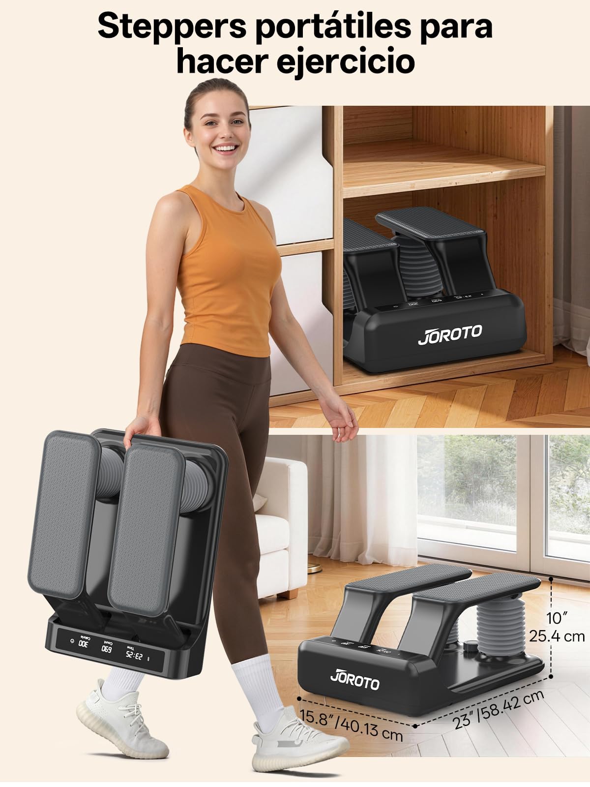 JOROTO Stepper de Resistencia de Aire para Casa, Mini Stepper con Intensidad Ajustable de 5 Niveles + Bandas, 300 LBS/136 KG, Silencioso, Pantalla LED Recargable, para Apartamento & Home Gym