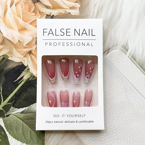 Miniatura 6 de Uñas postizas a presión para el día de San Valentín uñas postizas de longitud media uñas postizas con forma de ataúd uñas acrílicas de corazón rosa