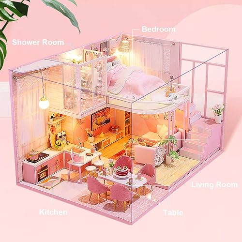 Miniatura 2 de Spilay Casa de muñecas en miniatura con muebles de madera, hecha a mano, modelo de princesa rosa, mini kit de manualidades para el hogar con
