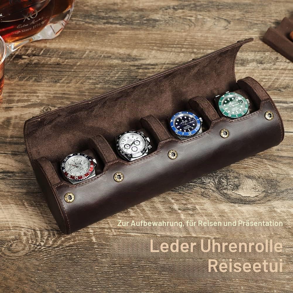 CONTACTS Uhrenetui aus echtem Leder, für Reisen, Schmuck, Aufbewahrungsbox für 4 Uhren mit abnehmbarem Kissen, zylindrischer Uhrenschutz, weiche Tasche, Vintage