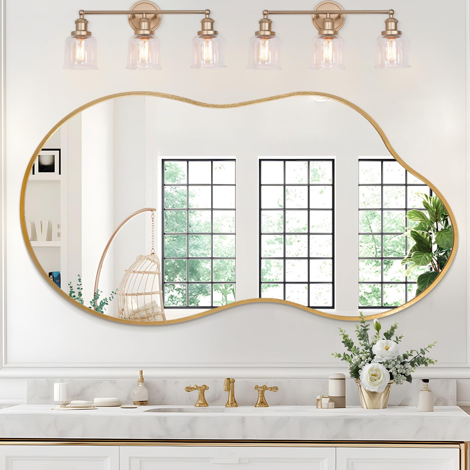 JJUUYOU Large Asymmetrical Wall Mirror Irregular Gold Metal Frame Modern Unique Mirror Decorative Bathroom Vanity Bedroom Living Room Entryway Hallway Mirrors 50 x 90cm